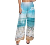 Pantaloni da donna Palazzo comodi pantaloni larghi a gamba larga da donna pantaloni casual da riposo Sunny Ocean Waves, Style-36, L