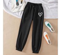 Pantaloni da donna per esterni, neri, con stampa a cuori, design casual chic, perfetti per l'autunno/inverno, un must have alla moda, accattivanti, adatti per il ritorno a scuola, street photography, 