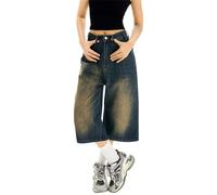 Pantaloni da donna per il tempo libero, moderni cropped larghi, in denim, alla moda, per la primavera, Blu marino, L