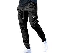 Pantaloni da jogging cargo da uomo, neri, multitasche, con cerniera, vestibilità aderente, ad asciugatura rapida, con risvolto, pantaloni da lavoro skinny elasticizzati, Nero , XL