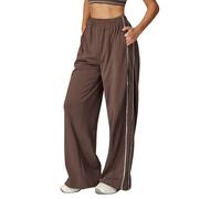 Pantaloni da jogging da donna a gamba dritta, elasticizzati, a vita alta, con coulisse, per il tempo libero, con tasche, marrone scuro., S