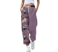Pantaloni da jogging da donna a vita alta larghi con tasche con stampa di Halloween in vita elastica pantaloni a gamba dritta per donne casual lounge palestra corsa hip hop party streetwear, Viola, L