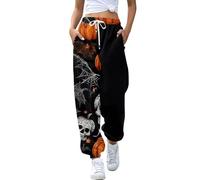 Pantaloni da jogging da donna a vita alta larghi con tasche con stampa di Halloween in vita elastica pantaloni a gamba dritta per donne casual lounge palestra corsa hip hop party streetwear, Nero , L