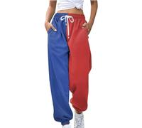 Pantaloni da jogging da donna con tasche, gamba larga, alla moda, bicolore patchwork, elasticizzati, gamba dritta, per yoga, fitness, felpa, pantaloni per il tempo libero, Colore: rosso, L