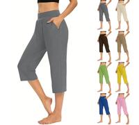 Pantaloni da jogging da donna, lunghezza 7/8, a gamba larga, in cotone, lunghi e caldi, da allenamento, da yoga, da yoga, con tasche, cachi, 3XL