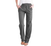 Pantaloni da jogging da donna, lunghi, a gamba larga, larga, elasticizzati, per il tempo libero, con tasche, pantaloni da yoga con coulisse, in lino, A01grigio scuro, L