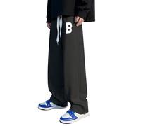 Pantaloni da jogging da uomo a gamba dritta, pantaloni svasati, tinta unita, taglio ampio, pantaloni sportivi Wide Leg Trousers Y2K Hipster Style Streetwear, Nero , 5XL