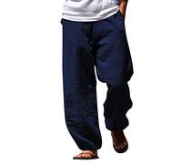 Pantaloni da jogging da uomo, essenziali, in vero lino, unisex, in lino, casual, in puro lino, per il tempo libero, il lavoro, i viaggi, lo sport, lo yoga, equo e sostenibile, Blu marino, L