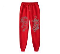 Pantaloni da jogging da uomo, lunghi, in cotone, con stampa drago, con calda imbottitura, pantaloni da allenamento, da donna, eleganti, in tessuto, con tasche, stile vintage, Colore: rosso, L