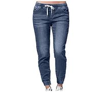 Pantaloni da jogging in denim da donna, a cavallo basso, jeans da donna slim fit a gamba dritta jeans da jogging con tasche jeans con risvolto da donna, coulisse elastico in vita alla caviglia jeans