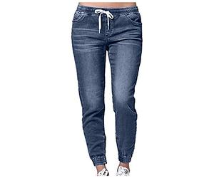 Pantaloni da jogging in denim da donna, a cavallo basso, jeans da donna slim fit a gamba dritta jeans da jogging con tasche jeans con risvolto da donna, coulisse elastico in vita alla caviglia jeans