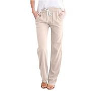 Pantaloni da Lavoro Casual da Donna, in Lino, Stile Casual, a Gamba Dritta, a Gamba Larga, in Cotone e Lino a-Naz on Fashion