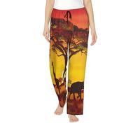 Pantaloni da pigiama da donna in morbido poliestere con stampa animali africani al tramonto - pantaloni della tuta comodi e larghi con tasche, Nero , 3XL