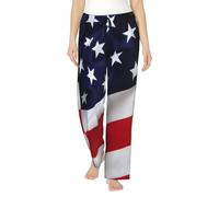 Pantaloni da pigiama da donna in morbido poliestere con stampa bandiera americana - pantaloni della tuta comodi larghi con tasche, Nero , M