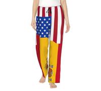 Pantaloni da pigiama da donna in morbido poliestere con stampa bandiera della Spagna americana - Pantaloni della tuta comodi da notte larghi con tasche, Nero , L