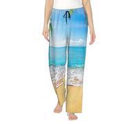 Pantaloni da pigiama da donna in morbido poliestere con stampa di foglie di palma oceano, mare, spiaggia, pantaloni della tuta con tasche, Nero , L