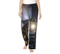Pantaloni da pigiama da donna in morbido poliestere con stampa treno a vapore, pantaloni della tuta larghi comodi con tasche, Nero , 3XL