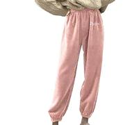 Pantaloni da pigiama da donna, lunghi, soffici, in pile, da donna, caldi, per il tempo libero, elasticizzati, con tasche, per il lounge, invernali, caldi, in tinta unita, Colore: rosa., L