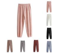 Pantaloni da pigiama da donna, lunghi, soffici, in pile, da donna, caldi, per il tempo libero, elasticizzati, con tasche, per il lounge, invernali, caldi, in tinta unita, Azzurro, L