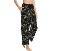 Pantaloni da pigiama da donna - Pantaloni da pigiama casual con motivo vespe e fiori da donna con tasche, nero/bianco, X-Large