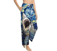 Pantaloni da pigiama da donna, stile vintage, motivo squalo cielo stellato, casual, con tasche, nero/bianco, M