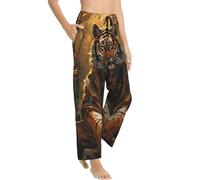 Pantaloni da pigiama da donna - Tigre nella foresta di foglie cadute Pantaloni da pigiama casual da donna con tasche, nero/bianco, XX-Large