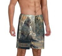 Pantaloni da pigiama da uomo, pantaloncini da pigiama da uomo con tigre bianca che meditano la foresta, Nero, S