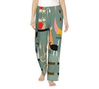 Pantaloni da pigiama in flanella con stampa di gatti di arte moderna della metà del secolo con tasche caldi pantaloni da salotto pigiama pantaloni pigiama pantaloni da notte, Nero , L