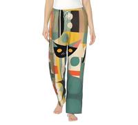 Pantaloni da pigiama in flanella con stampa di gatti di arte moderna della metà del secolo con tasche caldi pantaloni da salotto pigiama pantaloni pigiama pantaloni da notte, Nero , L