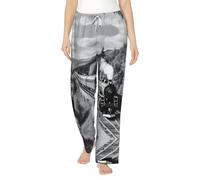 Pantaloni da pigiama in flanella con stampa treno locomotiva a vapore con tasche pantaloni caldi da salotto pigiama pantaloni pigiama pantaloni pigiameria, Nero , L