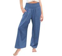 Pantaloni da ragazza in cotone e lino a gamba larga sottile per adolescenti larghi elastici a vita alta tinta unita tasche comfort traspirante tuta casual pantaloni tinta unita, Blu-B, 13-14 Anni
