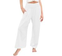 Pantaloni da ragazza in cotone e lino a gamba larga sottile per adolescenti larghi elastici a vita alta tinta unita tasche comfort traspirante tuta casual pantaloni tinta unita, Bianco-b, 13-14 Anni
