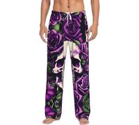 Pantaloni da salotto leggeri con stampa di teschi e rose viola, elastico in vita e tasche laterali, per la casa e i weekend pigri