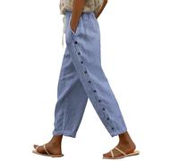 Pantaloni da Spiaggia da Donna in Lino alla Moda con Bottoni a Gamba Dritta Pantaloni Capris Elastico in Vita Pantaloni Boho Hippie Abiti Estivi, A2, Blu., XXL