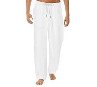 Pantaloni da spiaggia larghi, da uomo, in lino, in cotone, da uomo, traspiranti, larghi, in lino, colore nero, estate, autunno, casual, con tasche, bianco, XXXL