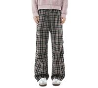 Pantaloni da uomo a quadri, pantaloni a vita alta, pantaloni larghi Y2K, eleganti per il tempo libero, gamba dritta, pantaloni sportivi a vita alta, pantaloni vintage in flanella, Nero , XXL