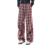 Pantaloni da uomo a quadri, pantaloni a vita alta, pantaloni larghi Y2K, eleganti per il tempo libero, gamba dritta, pantaloni sportivi a vita alta, pantaloni vintage in flanella, Colore: rosso