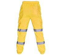 Pantaloni da uomo ad alta visibilità, da lavoro, da lavoro, a vita alta, con risvolto, ad alta visibilità, con nastro riflettente, pantaloni di sicurezza con tasche multiple, Giallo, L