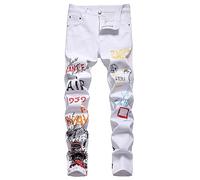 Pantaloni da Uomo Elasticizzati, Pantaloni in Denim Elasticizzato Slim a Contrasto di Colore con Cilindro Dritto e Patchwork con Stampa di Lettere digitali Nuovi e di Stile (White, L)