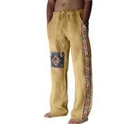 Pantaloni da Uomo Estivi in Cotone e Lino Traspirante Leggeri Larghi Elastico in Vita con Coulisse Stampa Vintage Spiaggia Yoga Jogging Casa Stile Etnico Sottili Taglie Forti S-3XL