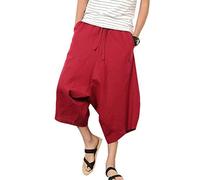 Pantaloni da Uomo Harem Estate Casual Pantaloni Bassi Harem Capri Pantaloni Pantaloni Larghi Aladdin Vita Elastica Coulisse Tinta Unita Stile Harem Bloomers Hippie 7/8 Pantaloni (Bordeaux,L)