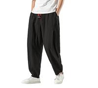 Pantaloni da uomo harem giapponesi in lino tinta unita in cotone e lino, larghi, casual, per il tempo libero, con tasche e coulisse, lunghi, leggeri e traspiranti, O nero., 5XL