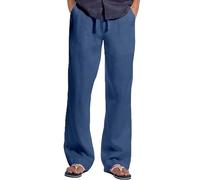 Pantaloni da uomo in cotone e lino, elastico in vita, con coulisse, pantaloni da yoga leggeri, gambe dritte, pantaloni casual da spiaggia larghi, Blu, XL