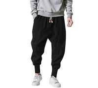 Pantaloni da uomo in cotone e lino: pantaloni da jogging da uomo a cavallo basso, tinta unita, con elastico in vita, pantaloni harem, larghi, elasticizzati, hippie, danza e yoga, pantaloni della tuta