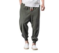 Pantaloni da uomo in cotone e lino: pantaloni da jogging da uomo a cavallo basso, tinta unita, con elastico in vita, pantaloni harem, larghi, elasticizzati, hippie, danza e yoga, pantaloni della tuta