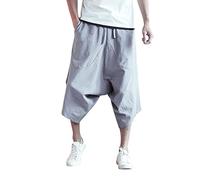 Pantaloni da uomo in cotone e lino, pantaloni harem capri, con elastico in vita, pantaloni affusolati, larghi, casual, spiaggia, yoga, pantaloni larghi a gamba larga pantaloni a 3/4, Grigio, 3XL