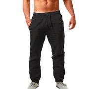 Pantaloni da uomo in cotone e lino pantaloni leggeri con risvolto elastico in vita coulisse gamba dritta pantaloni casual estivi larghi leggeri yoga spiaggia pantaloni, Nero , M
