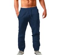 Pantaloni da uomo in cotone e lino pantaloni leggeri con risvolto elastico in vita coulisse gamba dritta pantaloni casual estivi larghi leggeri yoga spiaggia pantaloni, Marina Militare, L
