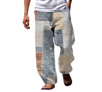 Pantaloni da uomo in cotone e lino, stile hippy, patchwork, colorato, a blocchi di colore, per vacanze, casual, vita elastica, spiaggia, yoga, pantaloni con coulisse, pantaloni da jogging, streetwear