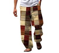Pantaloni da uomo in cotone e lino, stile hippy, patchwork, colorato, a blocchi di colore, per vacanze, casual, vita elastica, spiaggia, yoga, pantaloni con coulisse, pantaloni da jogging, streetwear